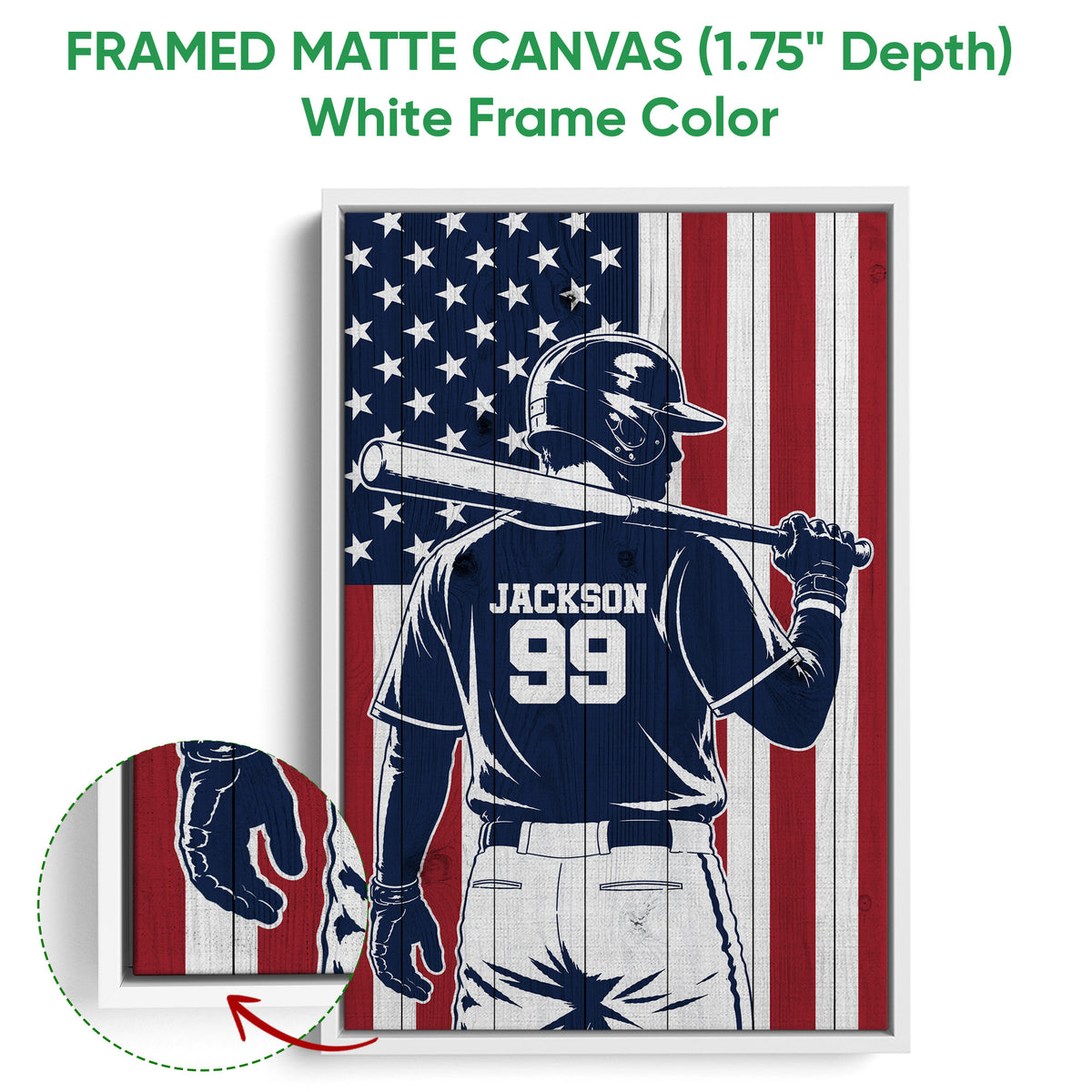 Framed matte canvas baseball artwork shown with a white frame and close-up edge detail