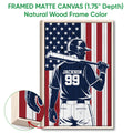 Framed matte canvas baseball artwork shown in a natural wood frame with edge detail