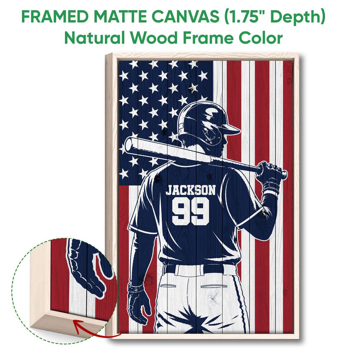 Framed matte canvas baseball artwork shown in a natural wood frame with edge detail