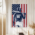Patriotic baseball wall art displayed in a bright room with white wood paneling