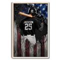 Framed baseball wall art featuring a batter with a bat against a distressed blue, black, white, and red backdrop