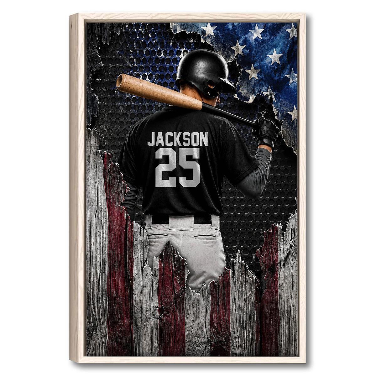 Framed baseball wall art featuring a batter with a bat against a distressed blue, black, white, and red backdrop