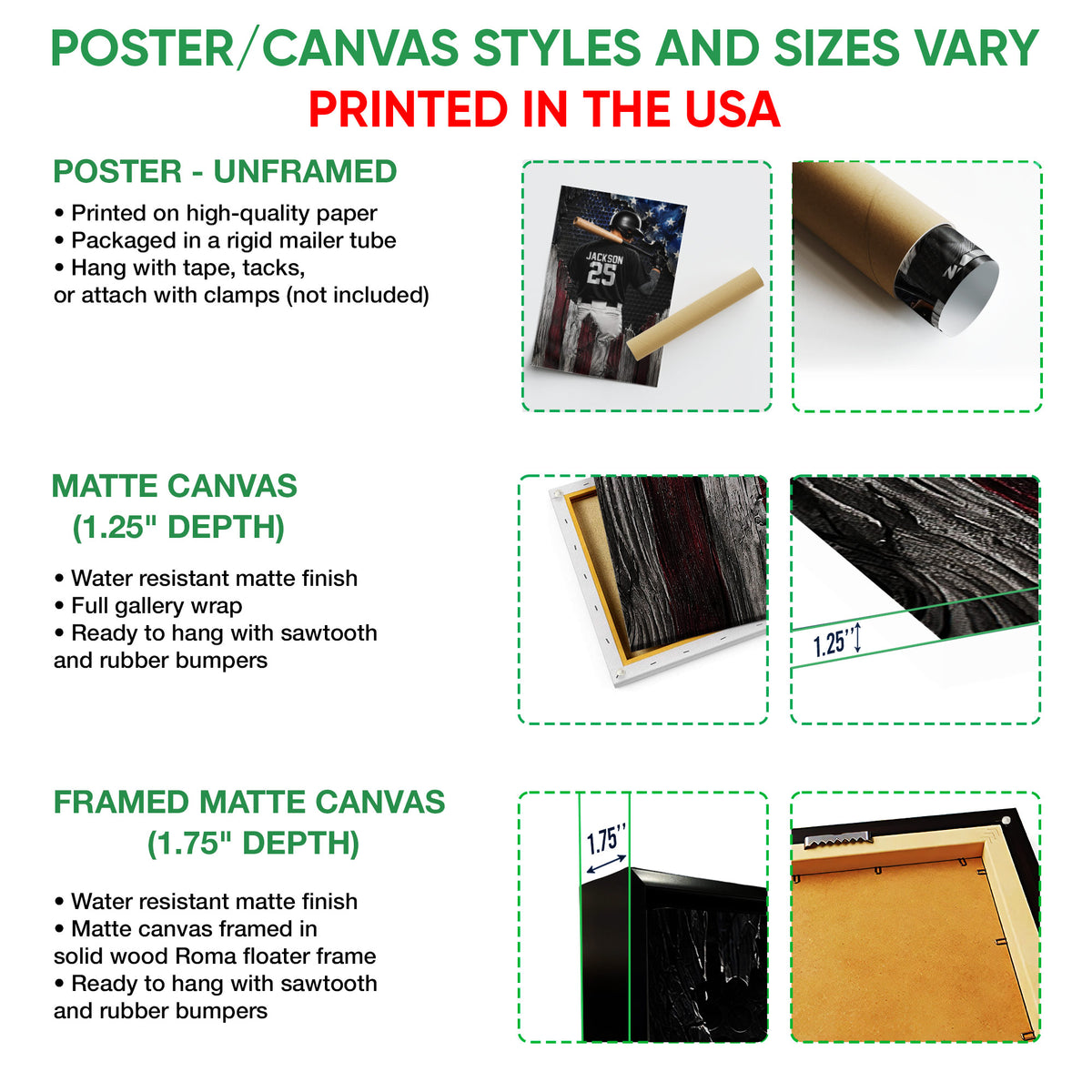 Baseball wall art option guide showing unframed poster, matte canvas, and framed matte canvas formats