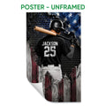 Unframed baseball poster featuring a batter from behind against a distressed American-inspired background