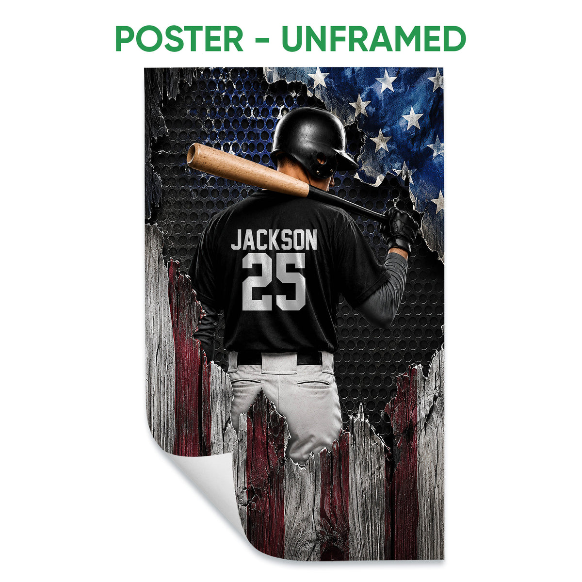Unframed baseball poster featuring a batter from behind against a distressed American-inspired background
