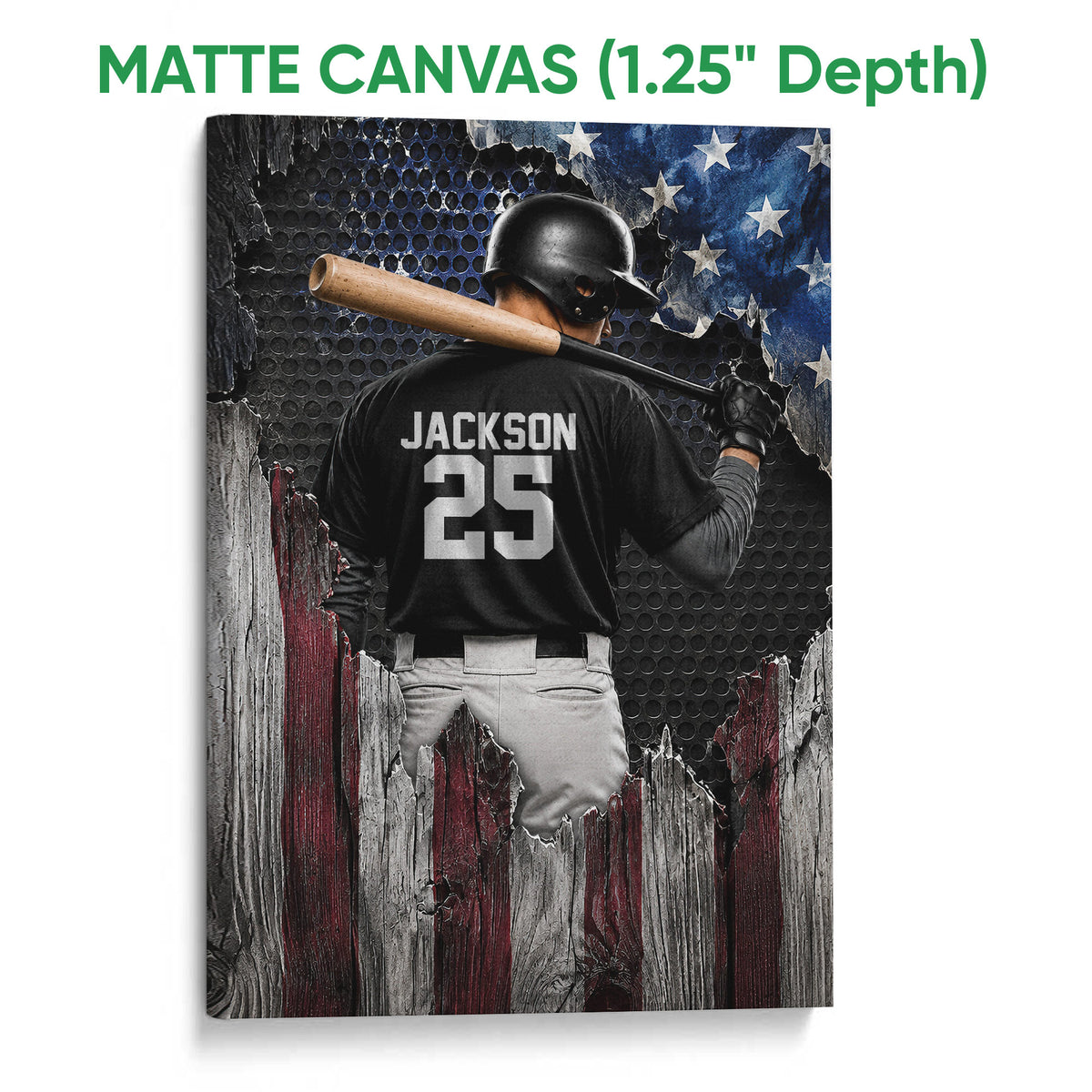 Matte canvas baseball wall art featuring a helmeted batter and bold distressed red, white, blue, and black artwork