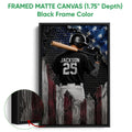 Black framed canvas baseball wall art featuring a batter and close-up view of the dark frame finish