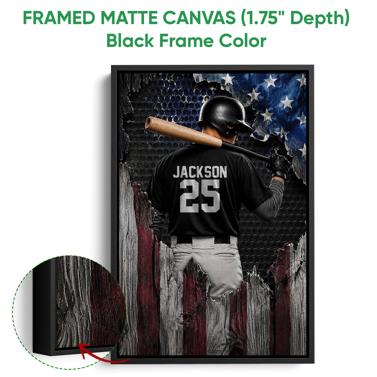Black framed canvas baseball wall art featuring a batter and close-up view of the dark frame finish