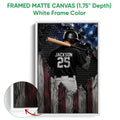 White framed canvas baseball wall art featuring a batter and close-up view of the light frame finish