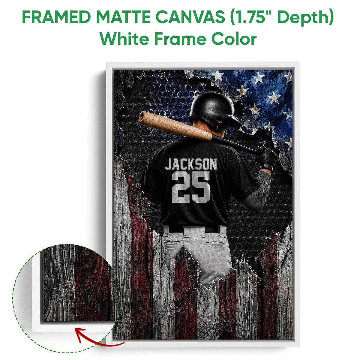 White framed canvas baseball wall art featuring a batter and close-up view of the light frame finish