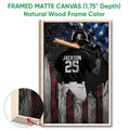 Natural wood framed baseball wall art featuring a batter and close-up view of the wood frame finish