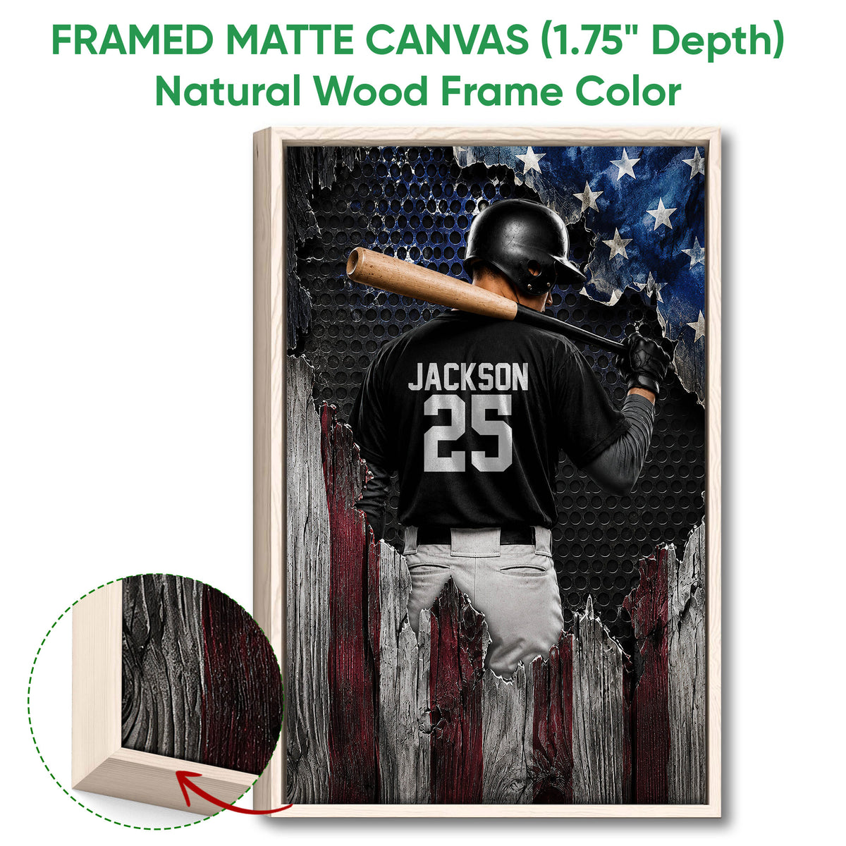 Natural wood framed baseball wall art featuring a batter and close-up view of the wood frame finish