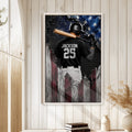 Baseball wall art displayed in a light wood-paneled room above a stack of books