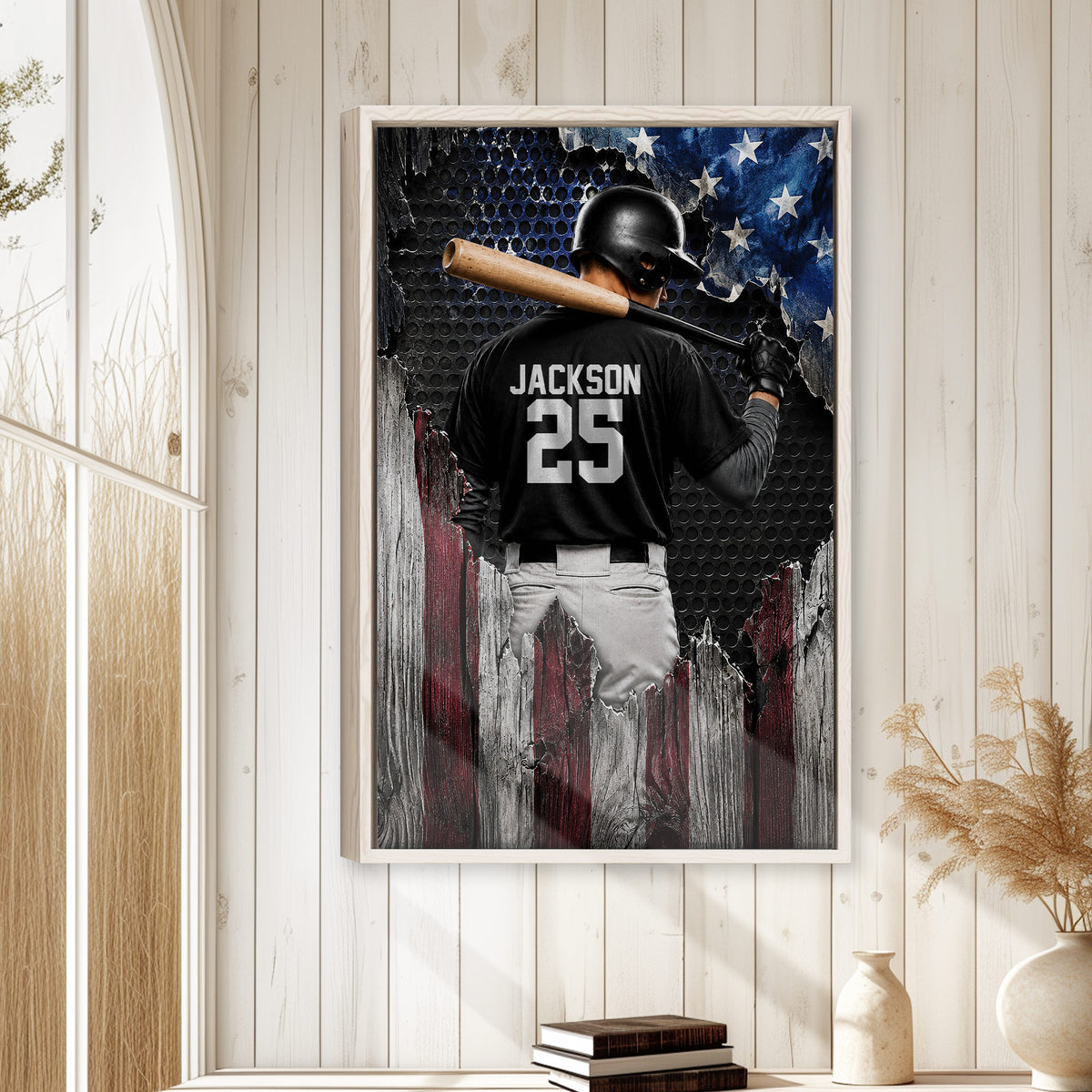 Baseball wall art displayed in a light wood-paneled room above a stack of books