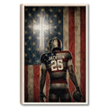Framed football wall art showing a helmeted player against a distressed American flag background