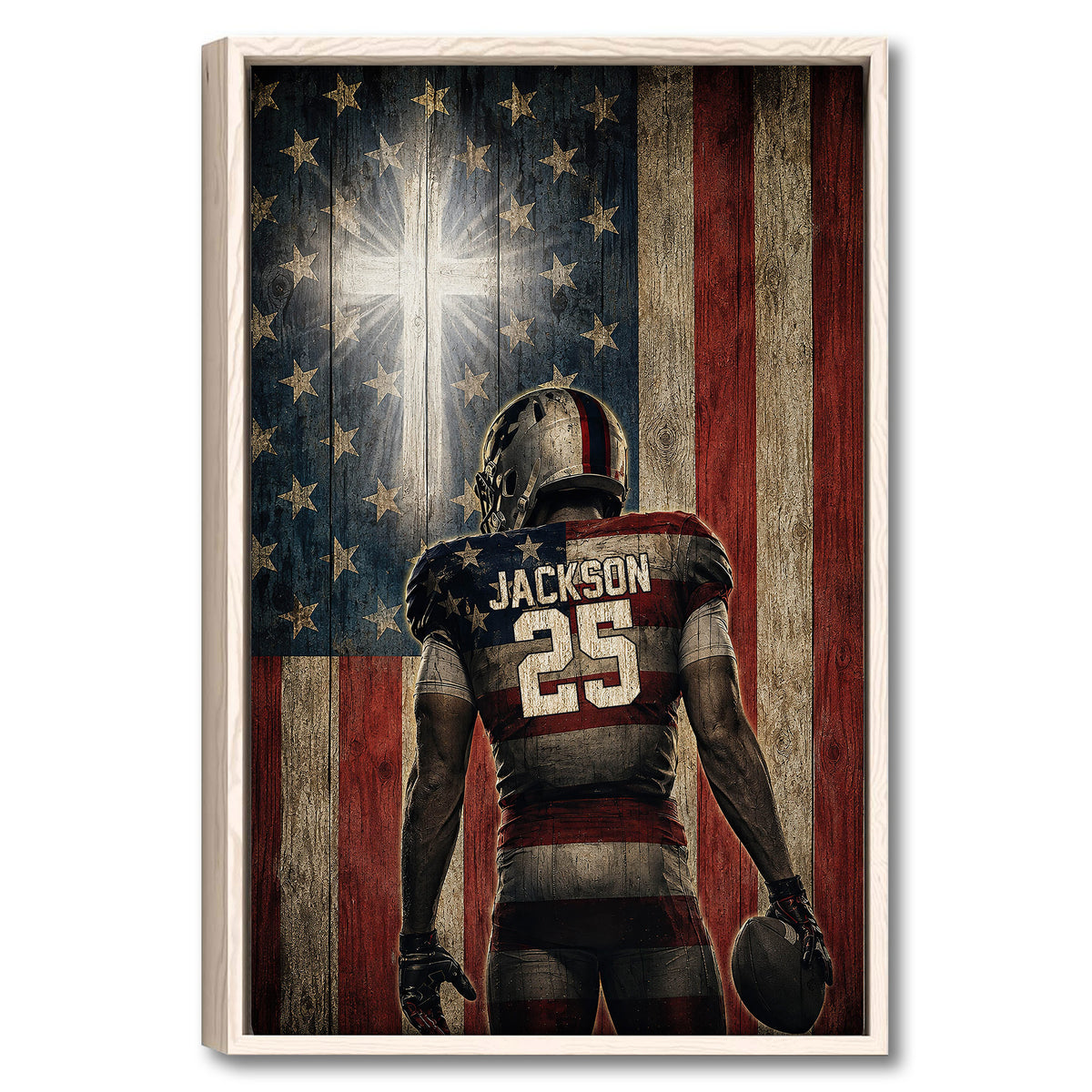 Framed football wall art showing a helmeted player against a distressed American flag background