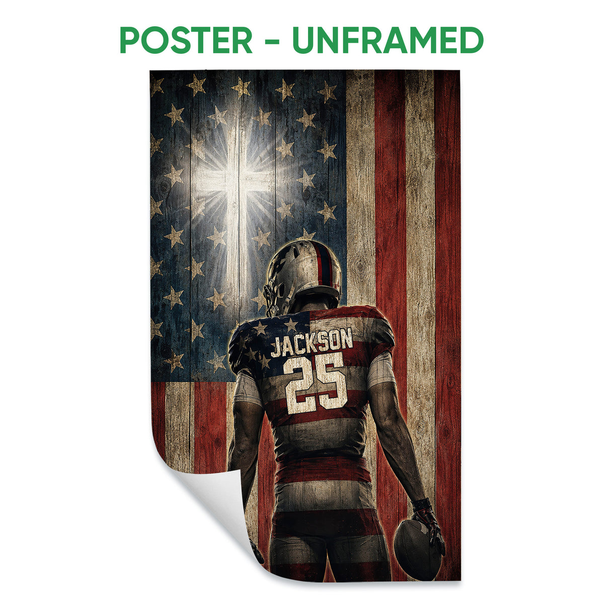 Unframed football poster featuring a helmeted player and distressed American flag artwork
