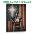 Matte canvas football wall art featuring a helmeted player against a rustic American flag design