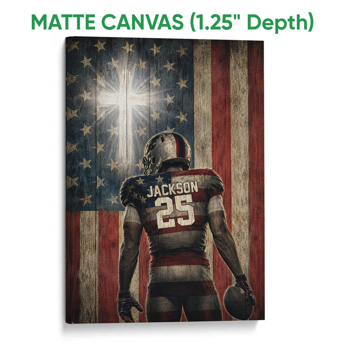 Matte canvas football wall art featuring a helmeted player against a rustic American flag design