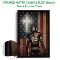 Black framed canvas football wall art with a close-up view of the textured artwork and frame