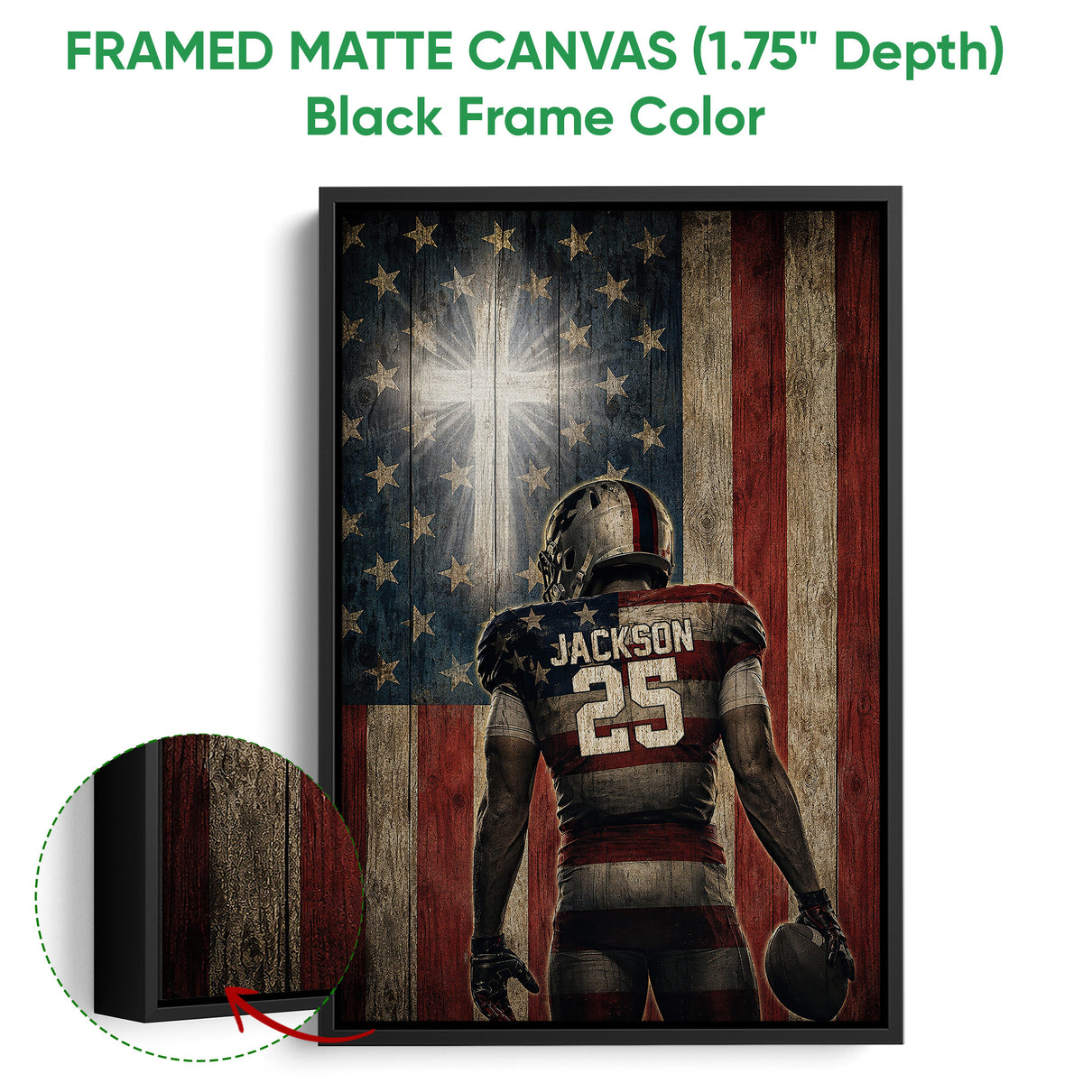 Black framed canvas football wall art with a close-up view of the textured artwork and frame