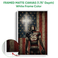 White framed canvas football wall art showing the player artwork and frame detail