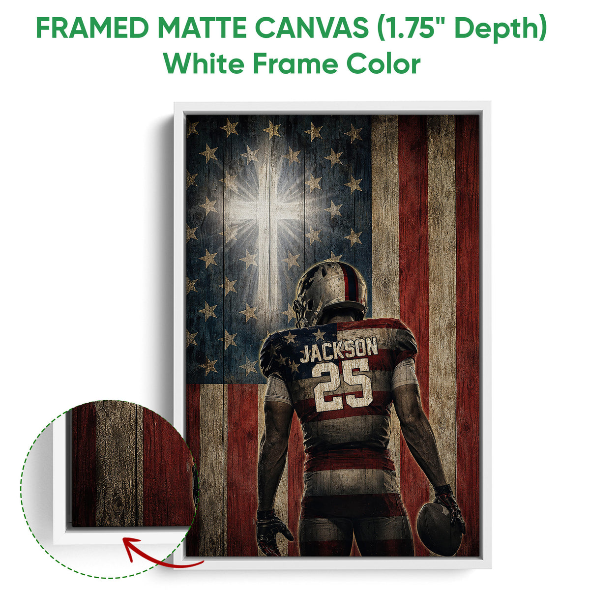 White framed canvas football wall art showing the player artwork and frame detail