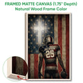 Natural wood framed football wall art with a close-up view of the textured frame edge