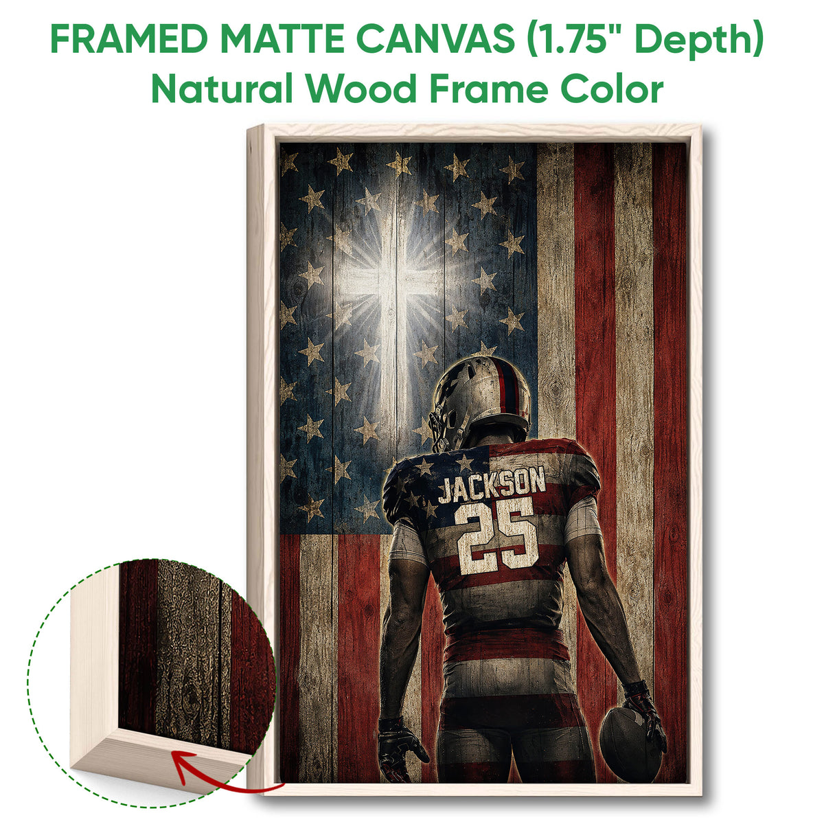 Natural wood framed football wall art with a close-up view of the textured frame edge