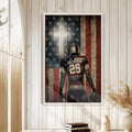 Football wall art displayed in a bright room on white plank walls with natural wood decor