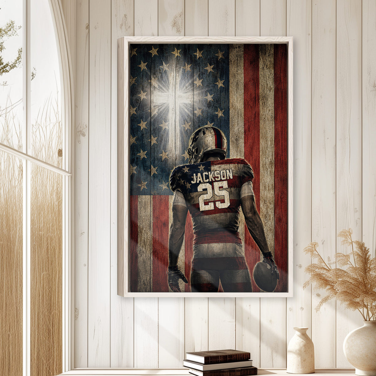 Football wall art displayed in a bright room on white plank walls with natural wood decor