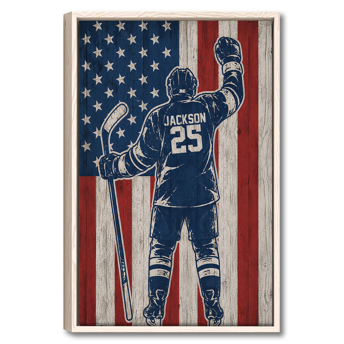 Framed hockey player wall art in navy, red and cream with a distressed American flag background