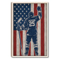 Framed hockey player wall art in navy, red and cream with a distressed American flag background