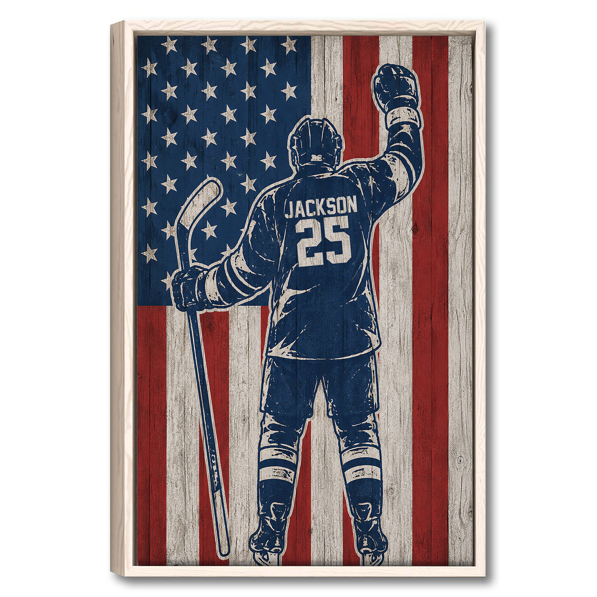 Framed hockey player wall art in navy, red and cream with a distressed American flag background
