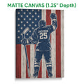Matte canvas wall art featuring a hockey player and patriotic red, white and blue background