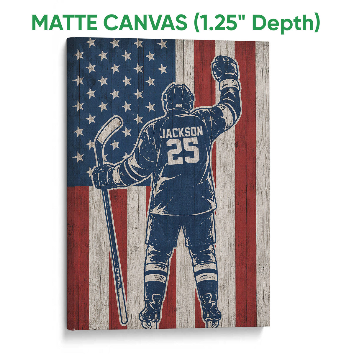 Matte canvas wall art featuring a hockey player and patriotic red, white and blue background