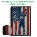 Black framed canvas hockey wall art with a distressed American flag background