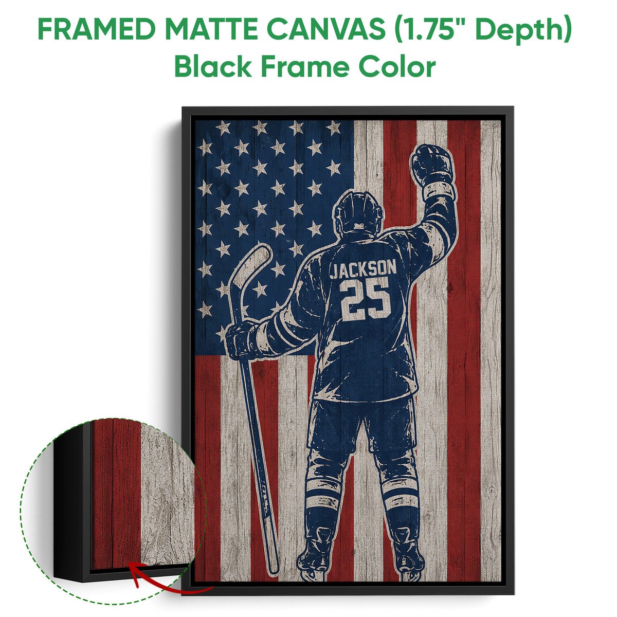Black framed canvas hockey wall art with a distressed American flag background