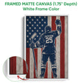 White framed canvas hockey wall art with a patriotic red, white and blue design