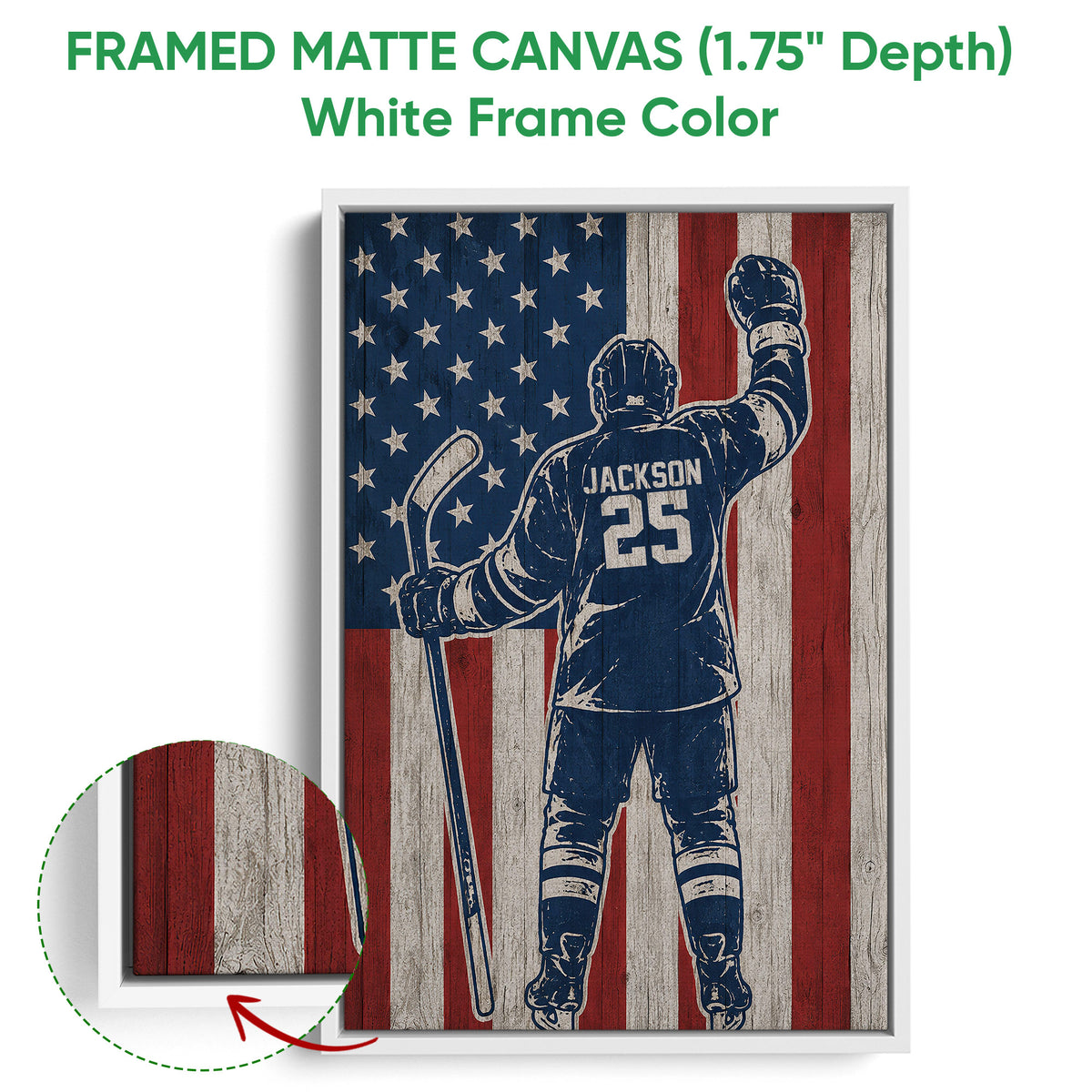 White framed canvas hockey wall art with a patriotic red, white and blue design