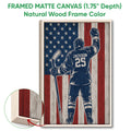 Natural wood framed hockey wall art with a distressed American flag background