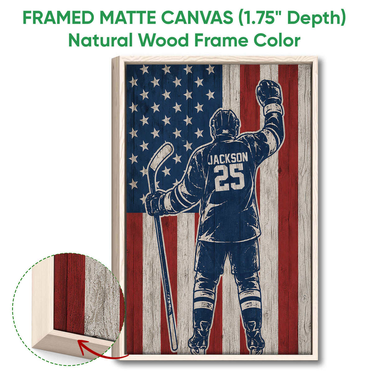 Natural wood framed hockey wall art with a distressed American flag background