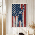 Framed hockey wall art displayed in a bright room with white wood paneling