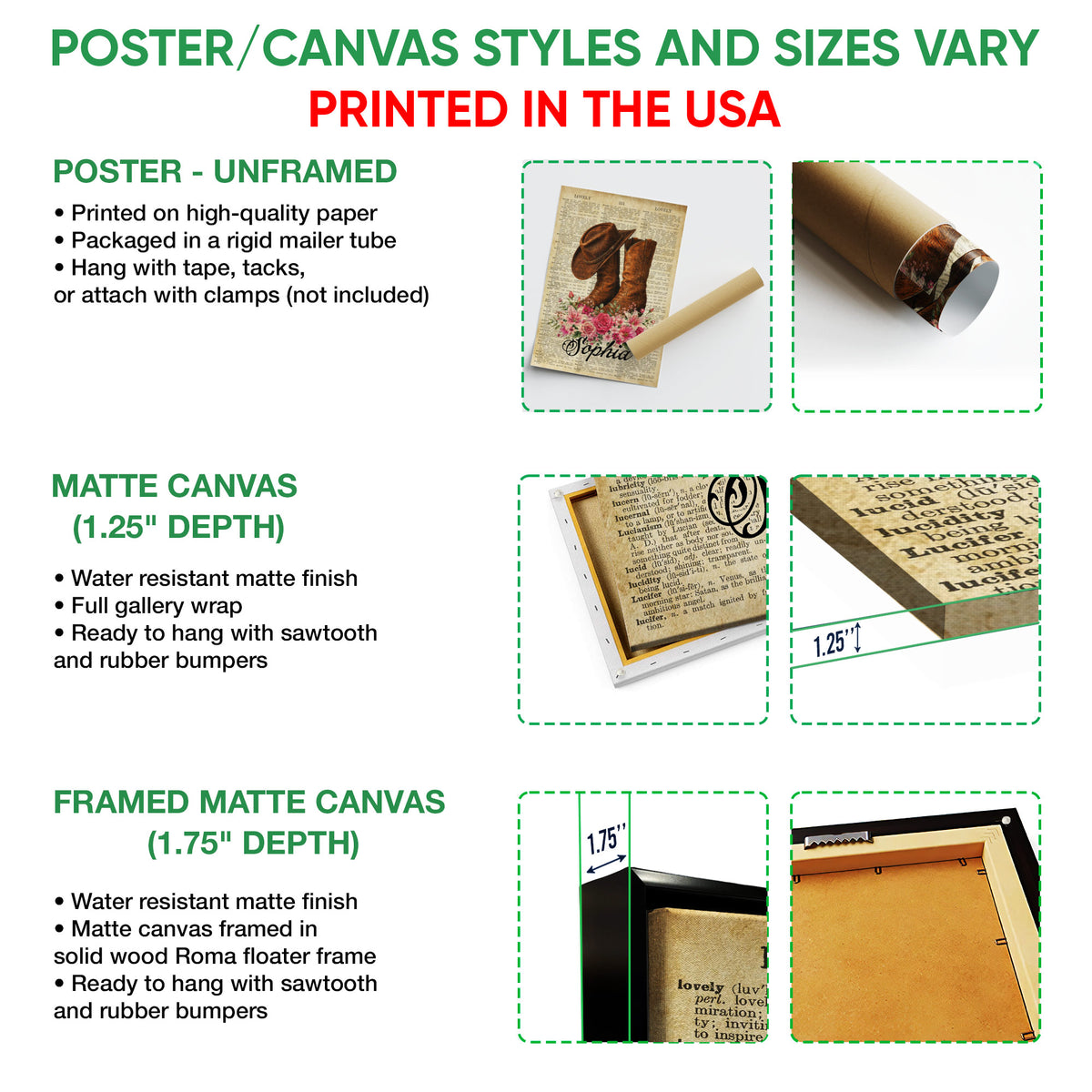 Poster and canvas wall art options guide showing the cowboy hat and boots design in several formats