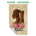 Unframed cowboy poster featuring a western hat, tall boots, pink flowers, and a vintage dictionary background