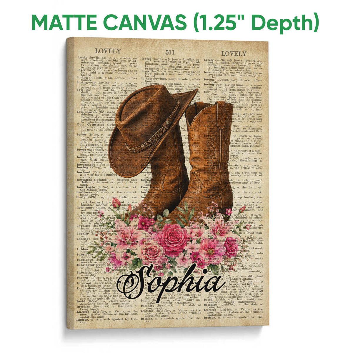 Matte canvas cowboy wall art featuring brown western boots, a cowboy hat, flowers, and aged dictionary text