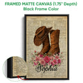 Framed cowboy canvas wall art shown with a black frame and close-up detail of the western boot design