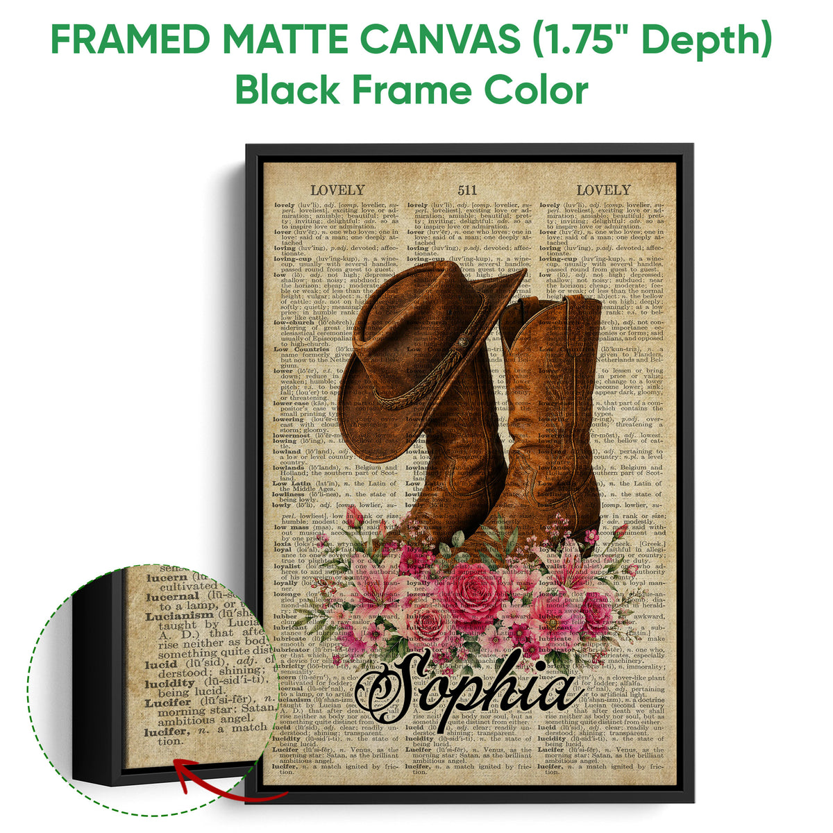 Framed cowboy canvas wall art shown with a black frame and close-up detail of the western boot design