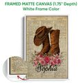 Framed cowboy canvas wall art shown with a white frame and close-up detail of the vintage artwork surface