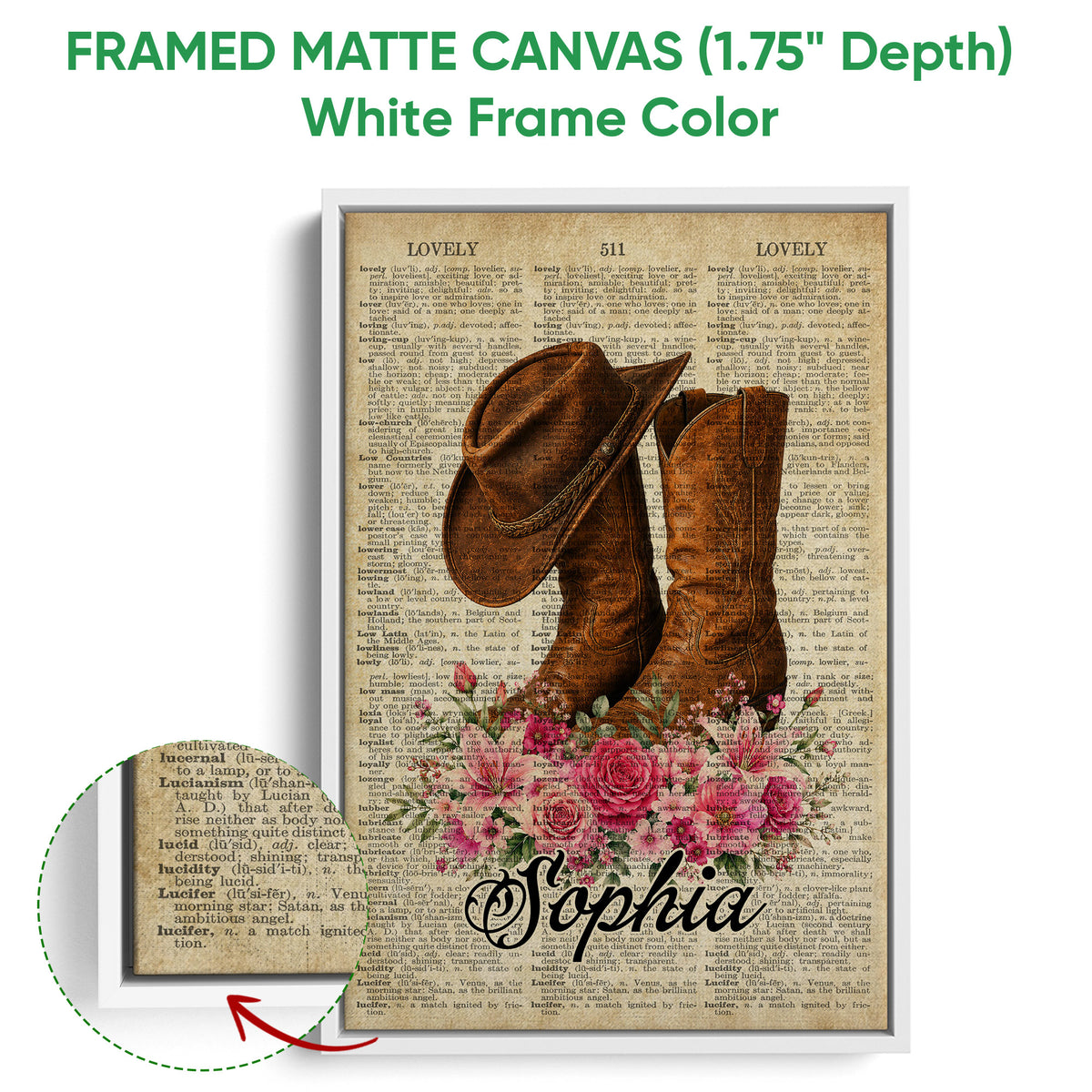 Framed cowboy canvas wall art shown with a white frame and close-up detail of the vintage artwork surface